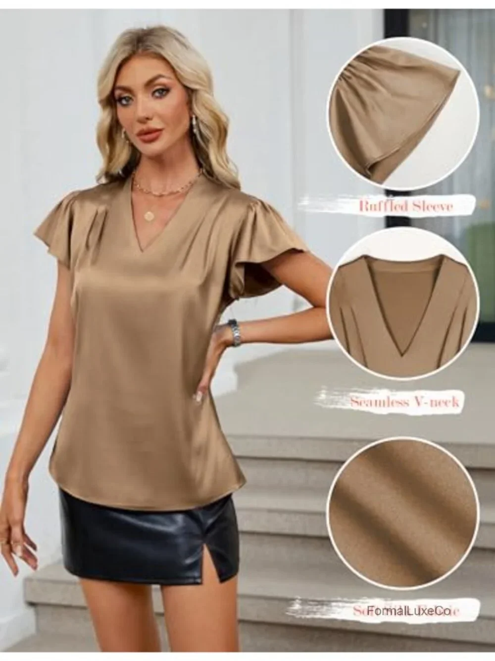 Satin Ruffle Short Sleeve Blouse V-Neck Womens Dressy Casual Business Top